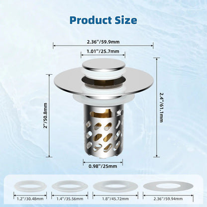 Upgraded 3-in-1 Bathroom Sink Stopper with Removable Stainless Steel Filter Basket