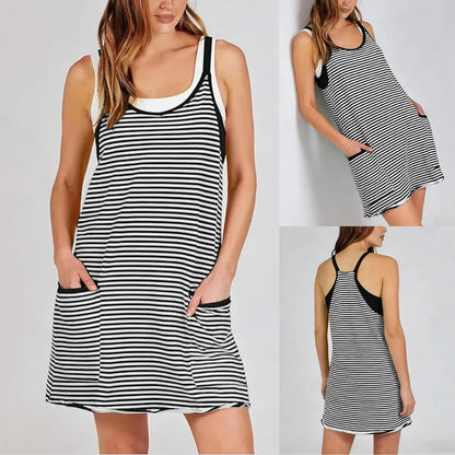 Women's Summer Sleeveless Striped Mini Dress with Built-in Shorts
