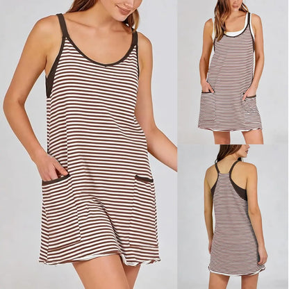 Women's Summer Sleeveless Striped Mini Dress with Built-in Shorts