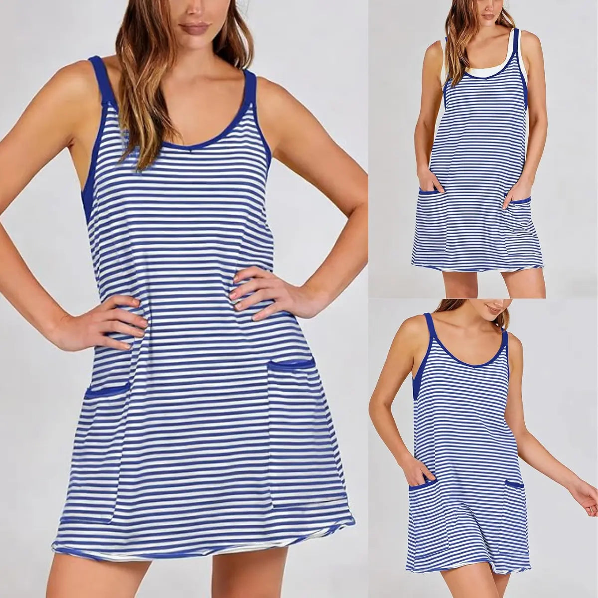 Women's Summer Sleeveless Striped Mini Dress with Built-in Shorts
