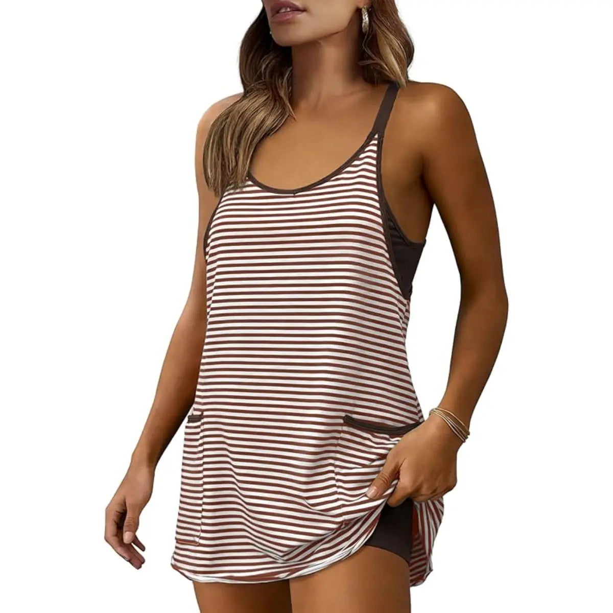 Women's Summer Sleeveless Striped Mini Dress with Built-in Shorts
