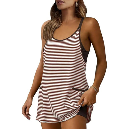 Women's Summer Sleeveless Striped Mini Dress with Built-in Shorts