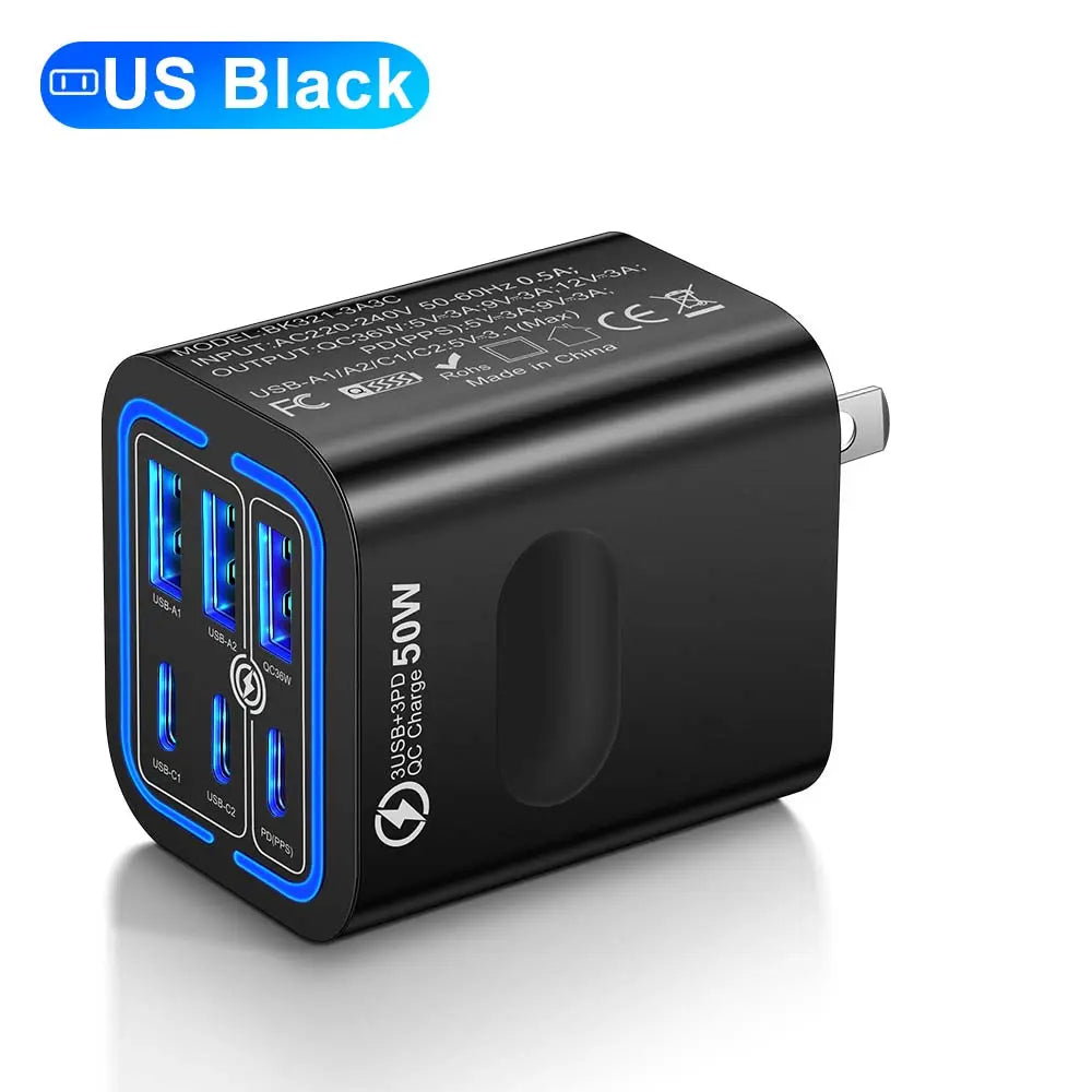 ⚡50W 6-Port USB C Fast Charger | 30W PD/PPS + 20W QC
