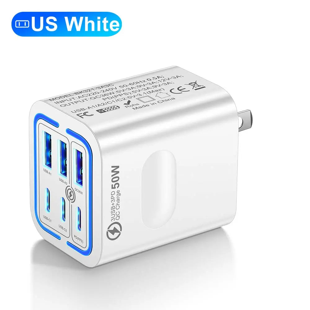 ⚡50W 6-Port USB C Fast Charger | 30W PD/PPS + 20W QC