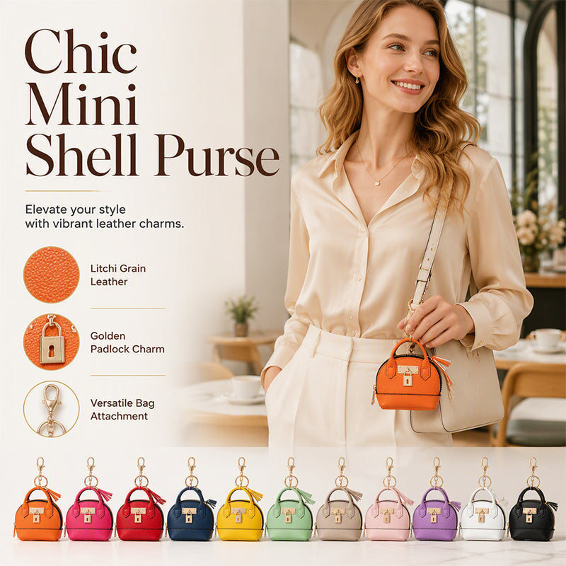 🔥Buy 3 Get 1 Free 🐚 Mini Shell Bag Keychain – PU Leather Lipstick Coin Purse with Golden Padlock & Tassel ✨