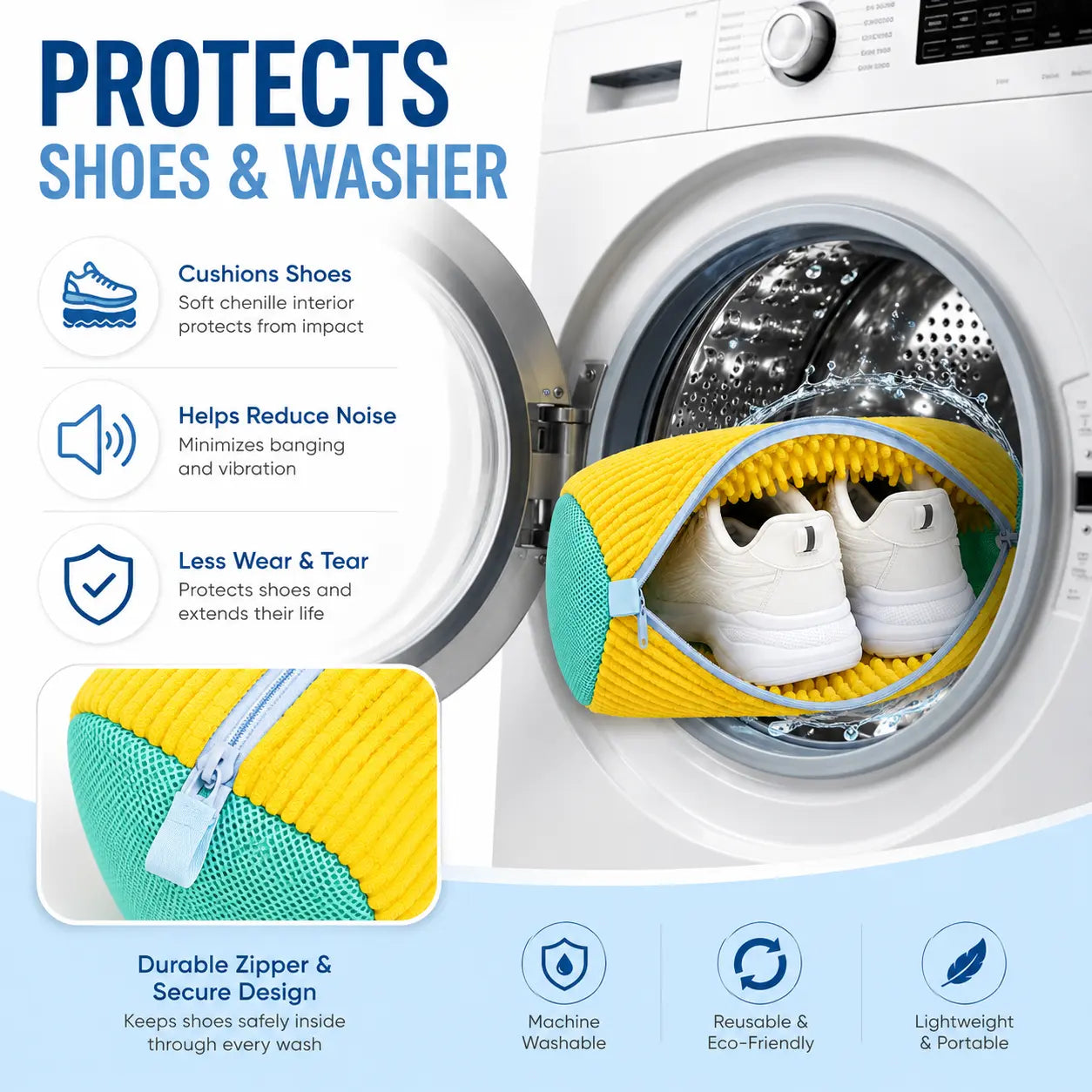 Microfiber shoe washing bag protecting sneakers from scuffs, tangles and drum impact