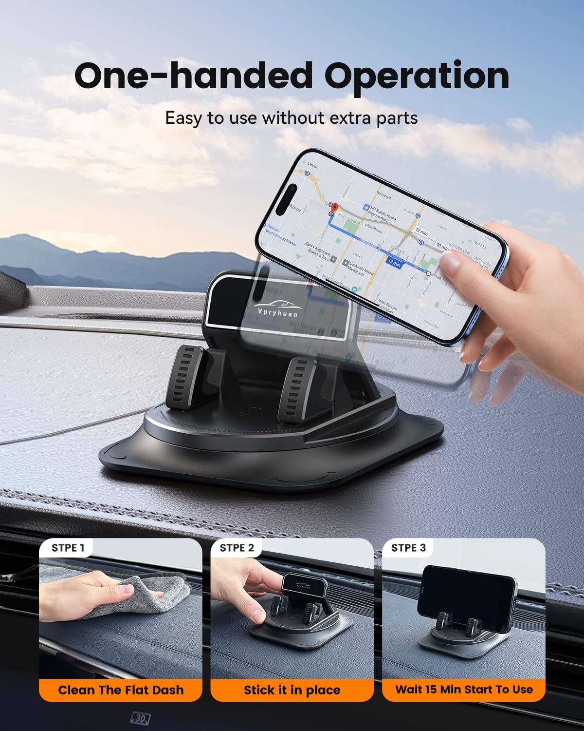 360 Degree Rotation Dashboard Phone Holder for Car, Anti-Slip Grips & One-Hand Operation