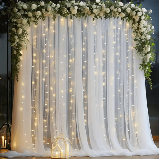 ✨Dreamy Sheer Tulle Backdrop Curtain with Lights for Weddings & Parties🤍