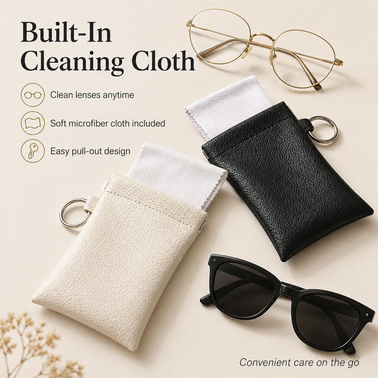 🕶️ Soft PU Leather Eyeglasses Pouch with Cleaning Cloth & Key Ring