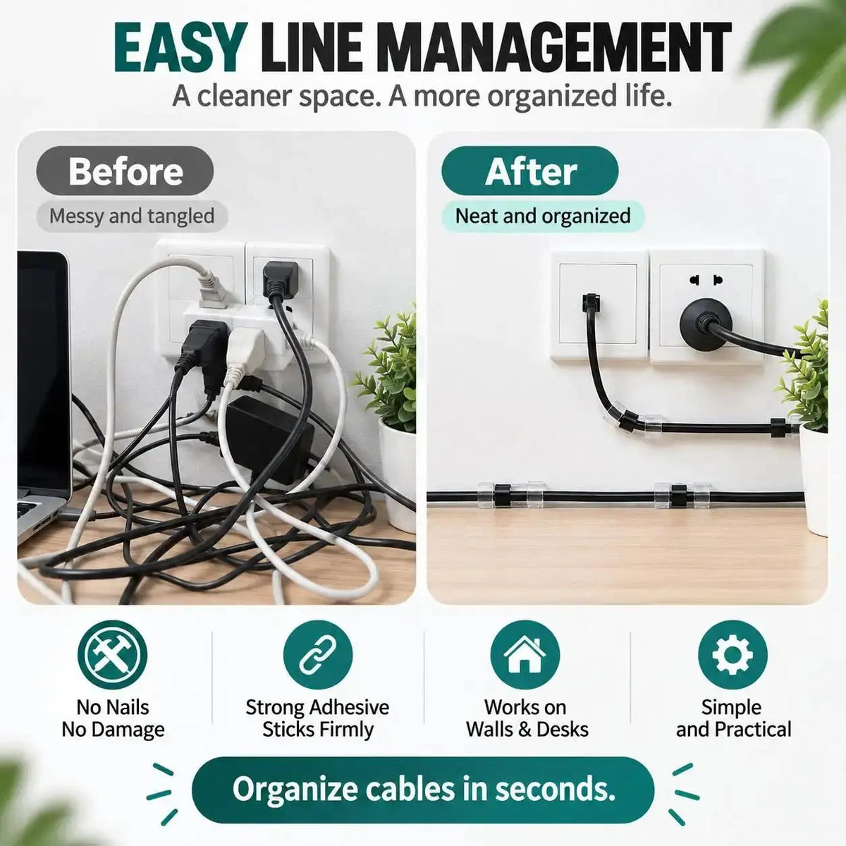 🔌 40PCS Clear Self-Adhesive Cable Clips – Cord Organizer for Desks, Chargers & Home Office 📌