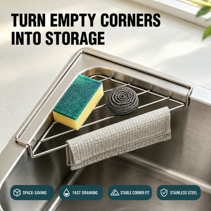 🧽 Stainless Steel Corner Sink Shelf – Triangular Drainage Rack for Sponge, Cloth & Brush Storage
