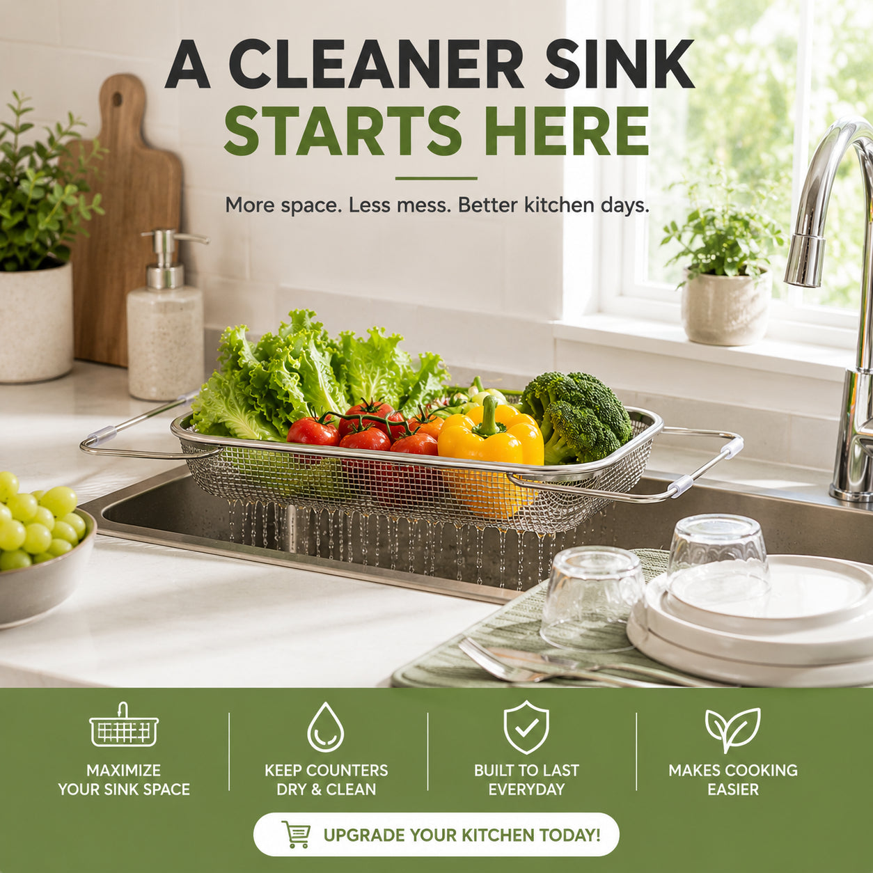 🥬Expandable Over-the-Sink Colander – Rinse, Drain & Prep Without the Mess