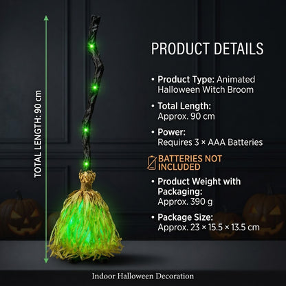 🧹Animated Witch Broom – Spooky Moving Halloween Decor with Sound & Lights! 👻✨