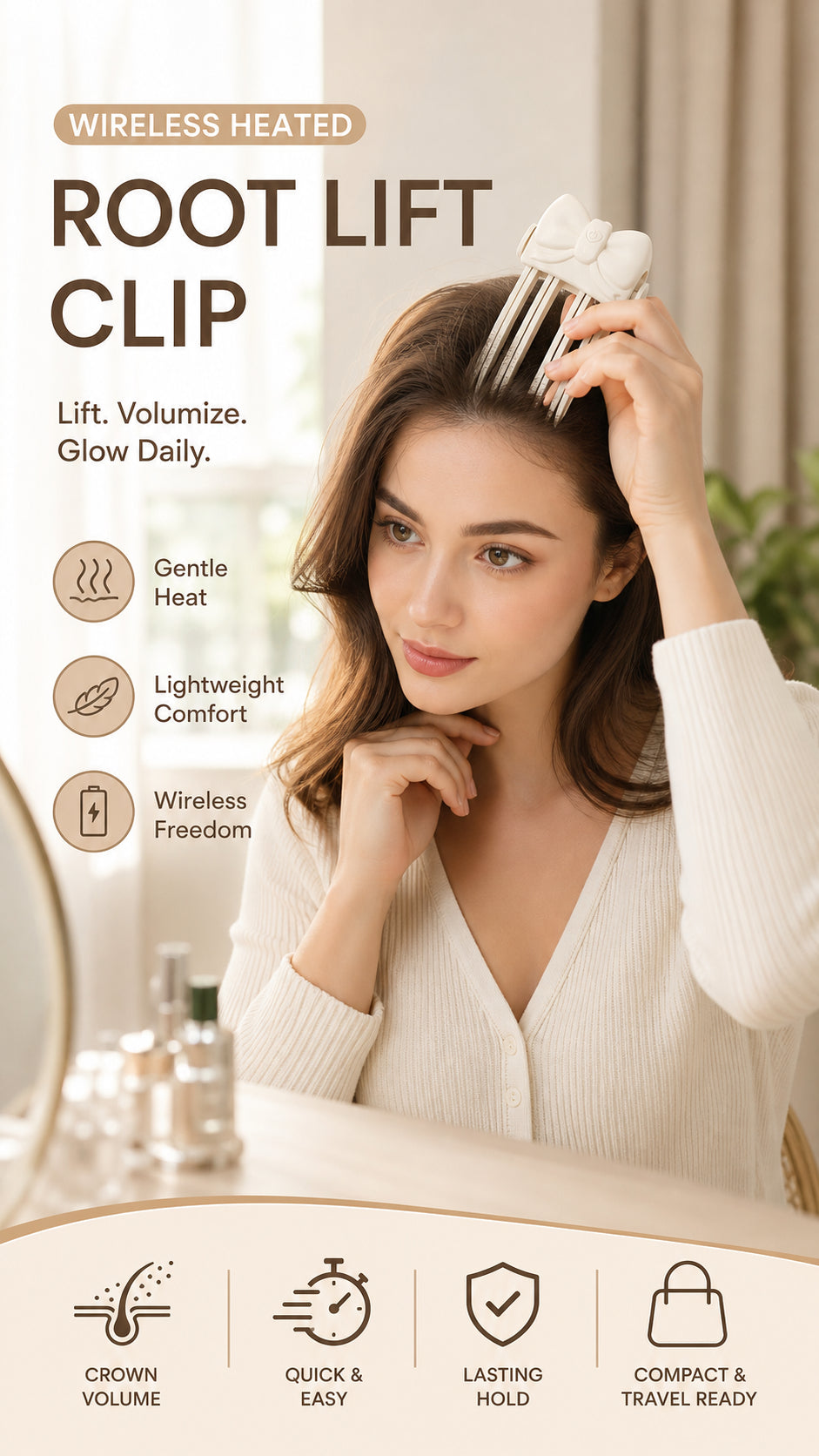 Wireless Heated Volumizing Root Lift Clip - Salon Crown Volume Styling Tool for Fine Flat Hair
