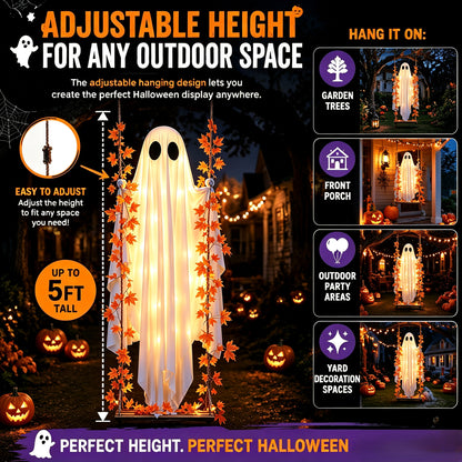 👻✨LED Hanging Ghost Swing Decoration, 5FT Remote Controlled Halloween Outdoor Hanging Decor🎃