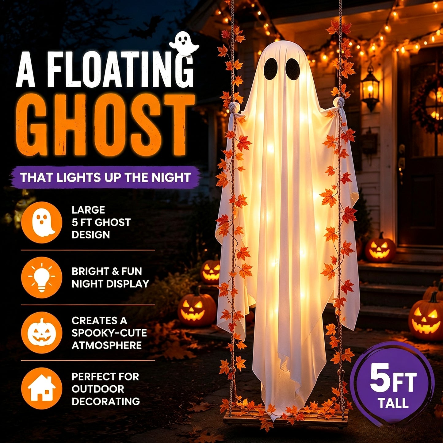👻✨LED Hanging Ghost Swing Decoration, 5FT Remote Controlled Halloween Outdoor Hanging Decor🎃