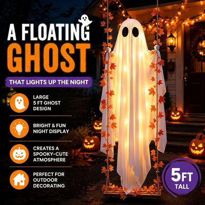 👻✨LED Hanging Ghost Swing Decoration, 5FT Remote Controlled Halloween Outdoor Hanging Decor🎃