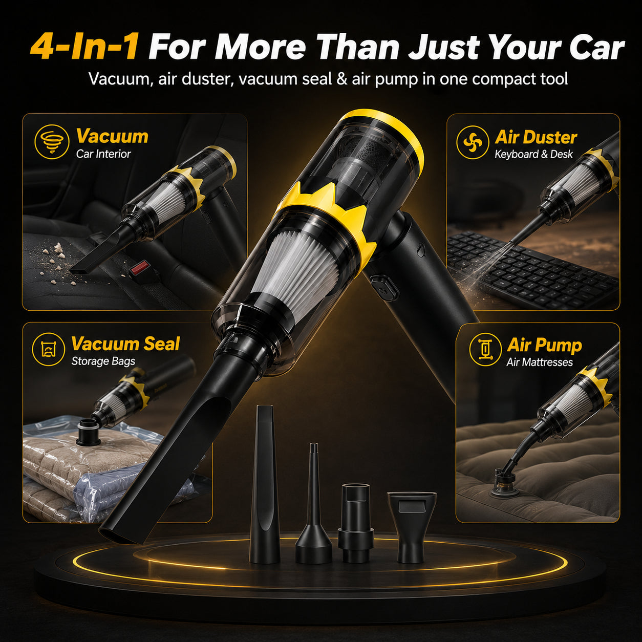 ✨ 4-in-1 Cordless Handheld Vacuum Handheld 120,000 RPM Hurricane Suction Power — Cleans up any stubborn trash in 3 seconds! 🌪️🚗