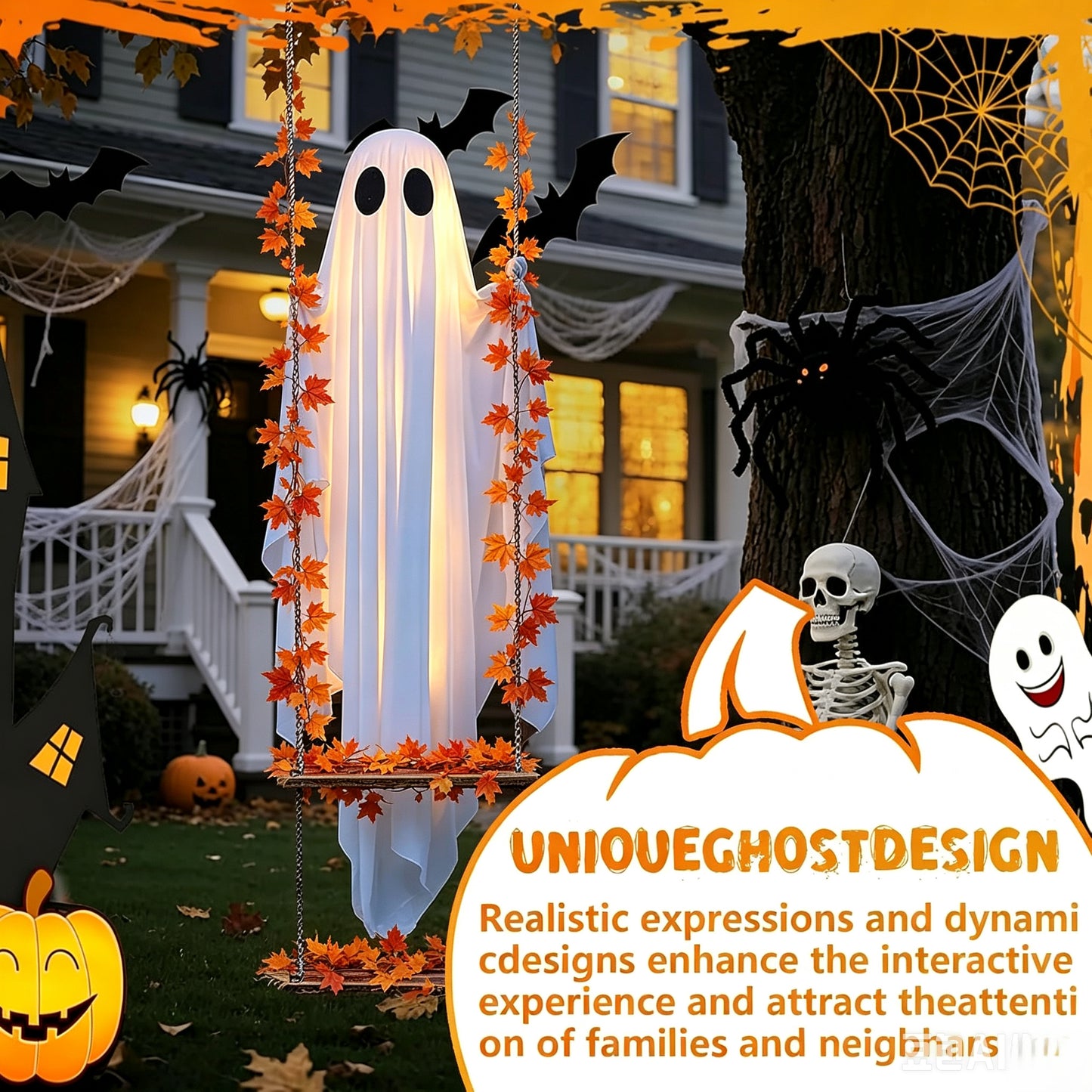👻✨LED Hanging Ghost Swing Decoration, 5FT Remote Controlled Halloween Outdoor Hanging Decor🎃