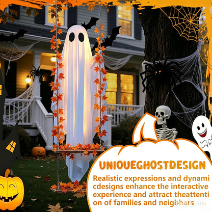 👻✨LED Hanging Ghost Swing Decoration, 5FT Remote Controlled Halloween Outdoor Hanging Decor🎃