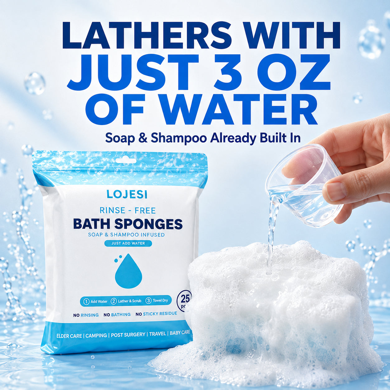 🧼 25-Pack Rinse-Free Disposable Bath Sponges with Soap & Shampoo 💧