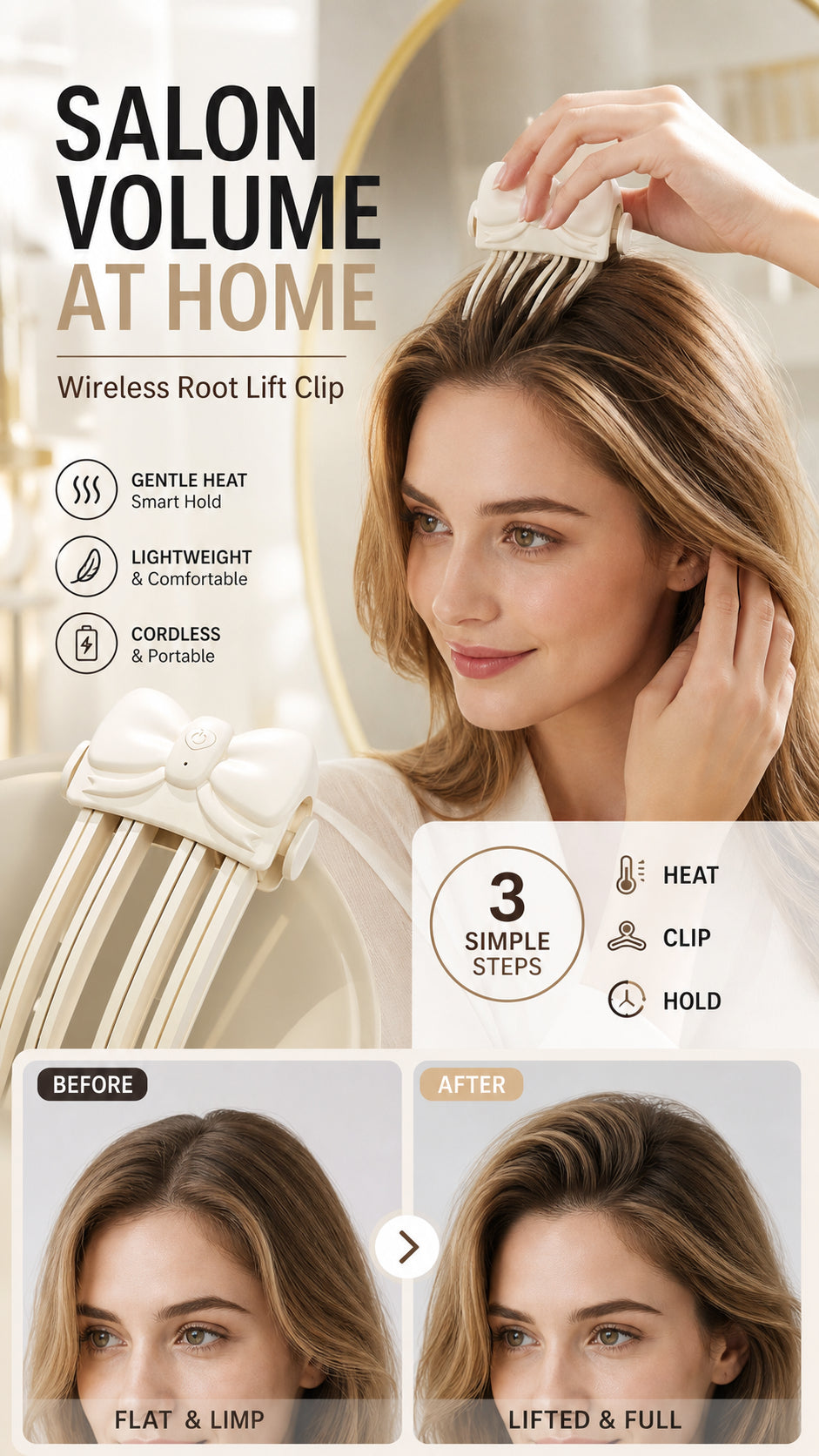 Wireless Heated Volumizing Root Lift Clip - Salon Crown Volume Styling Tool for Fine Flat Hair