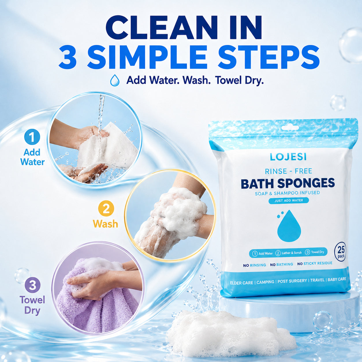 🧼 25-Pack Rinse-Free Disposable Bath Sponges with Soap & Shampoo 💧