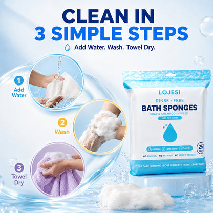 🧼 25-Pack Rinse-Free Disposable Bath Sponges with Soap & Shampoo 💧