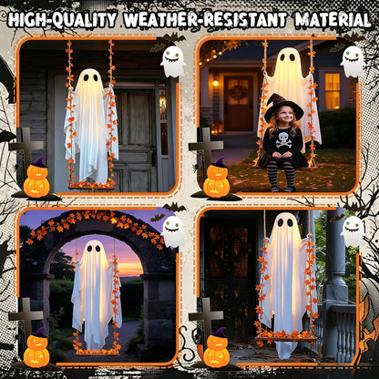 👻✨LED Hanging Ghost Swing Decoration, 5FT Remote Controlled Halloween Outdoor Hanging Decor🎃