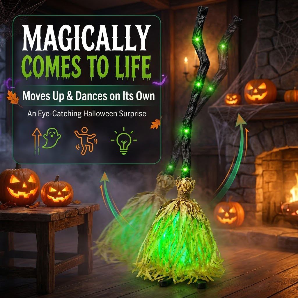 🧹Animated Witch Broom – Spooky Moving Halloween Decor with Sound & Lights! 👻✨