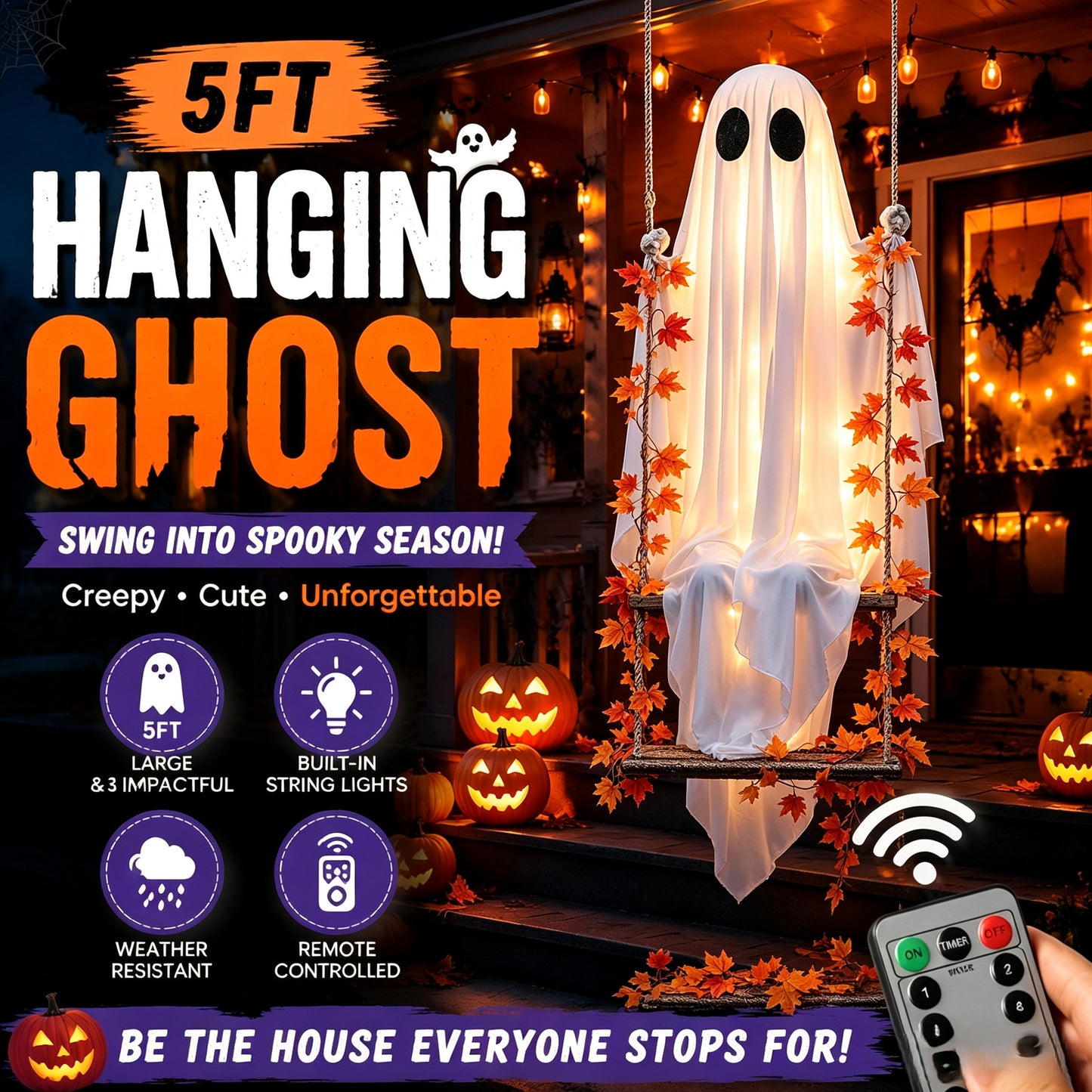 👻✨LED Hanging Ghost Swing Decoration, 5FT Remote Controlled Halloween Outdoor Hanging Decor🎃