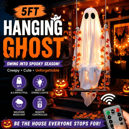 👻✨LED Hanging Ghost Swing Decoration, 5FT Remote Controlled Halloween Outdoor Hanging Decor🎃