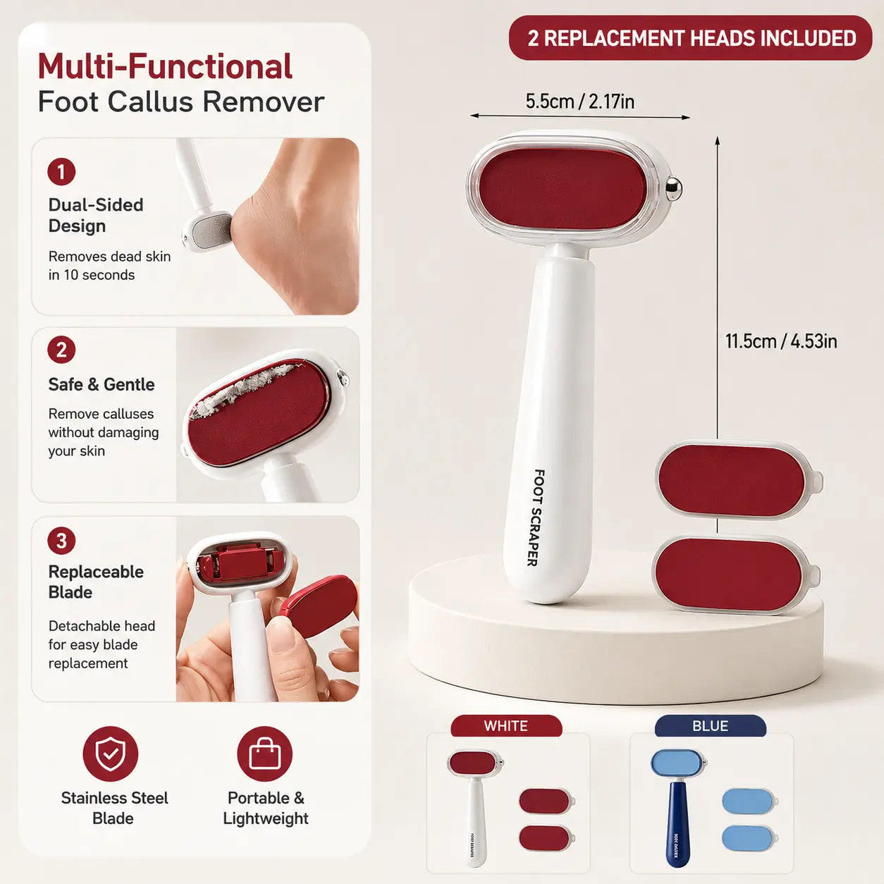 🦶 Smooth Heels Fast ✨ Dual-Sided Foot Callus Remover with Replaceable Stainless Steel Blade