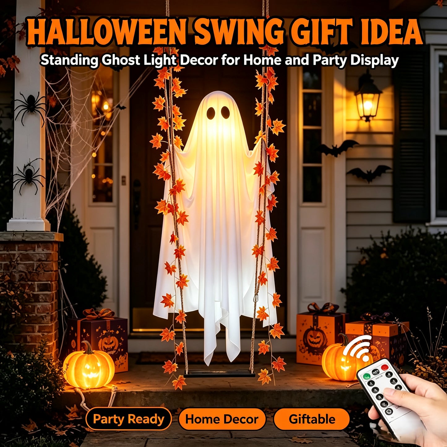 👻✨LED Hanging Ghost Swing Decoration, 5FT Remote Controlled Halloween Outdoor Hanging Decor🎃