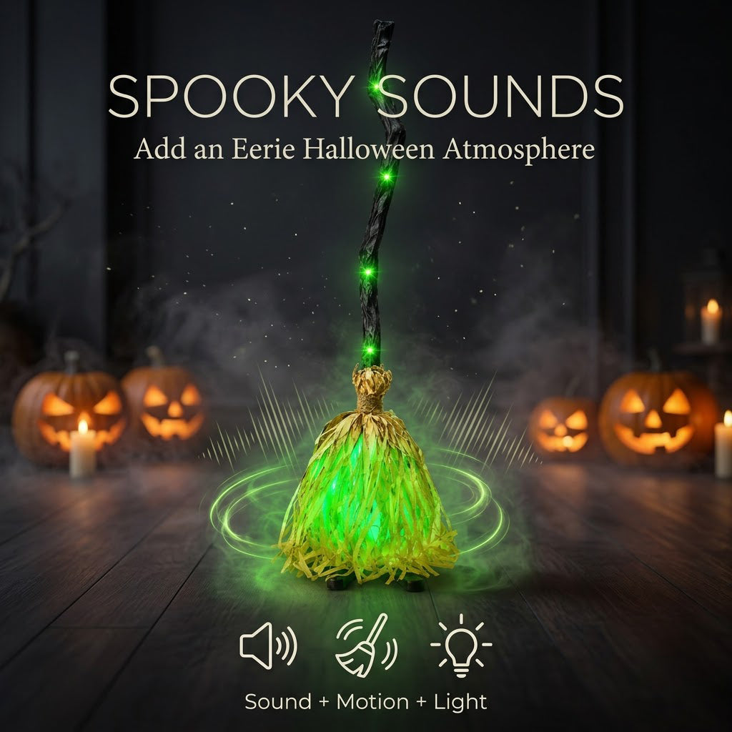 🧹Animated Witch Broom – Spooky Moving Halloween Decor with Sound & Lights! 👻✨