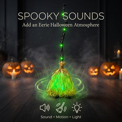 🧹Animated Witch Broom – Spooky Moving Halloween Decor with Sound & Lights! 👻✨