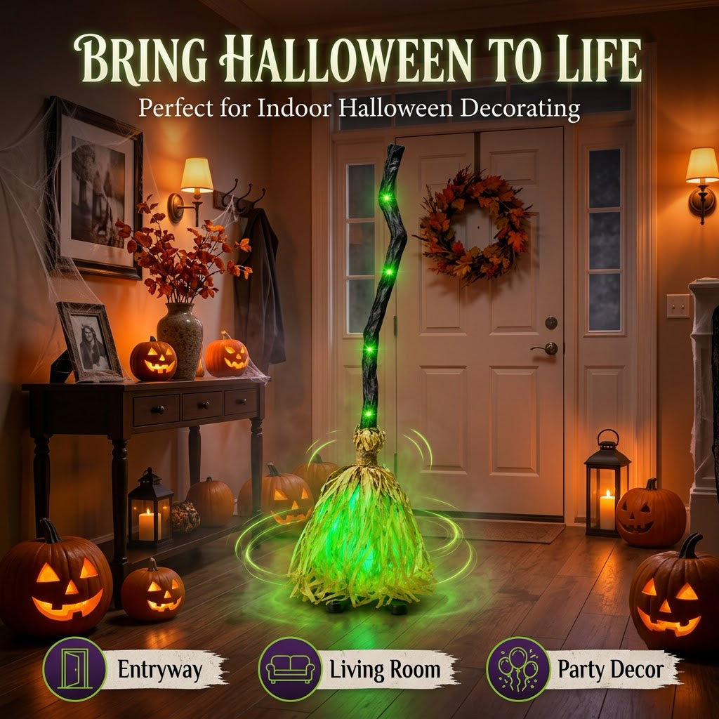 🧹Animated Witch Broom – Spooky Moving Halloween Decor with Sound & Lights! 👻✨