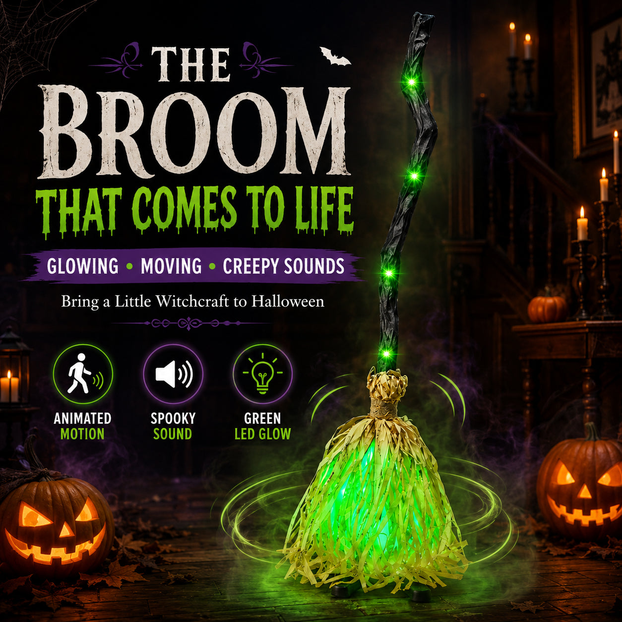 🧹Animated Witch Broom – Spooky Moving Halloween Decor with Sound & Lights! 👻✨