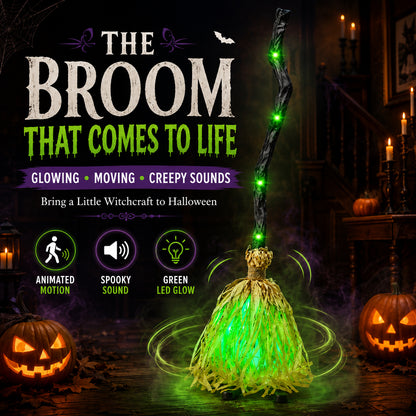 🧹Animated Witch Broom – Spooky Moving Halloween Decor with Sound & Lights! 👻✨