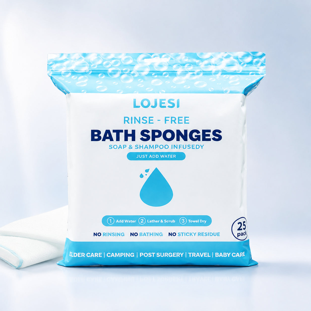 🧼 25-Pack Rinse-Free Disposable Bath Sponges with Soap & Shampoo 💧
