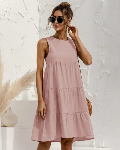 Solid Sleeveless Ruffle Sundress Round Neck A Line Pleated Mini Short T Shirt Dress