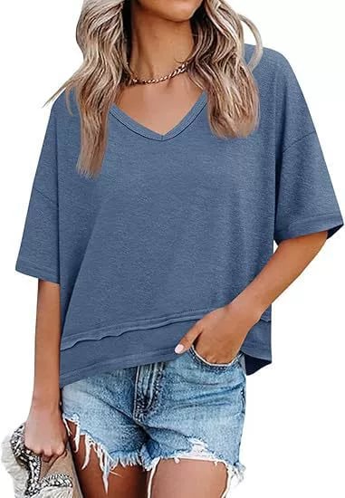 Women Summer V Neck T Shirts Casual Short Sleeve Flowy Tops Cute Loose Fit Basic Tees Summervibes