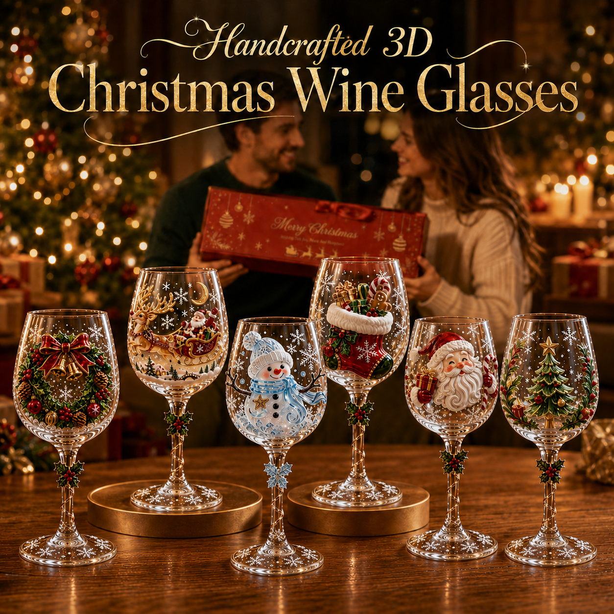 🎨 Deluxe 3D Sculpted Christmas Wine Glass — Luxury Gift Box