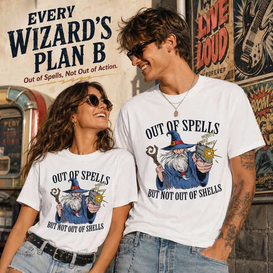 Out of Spells, But Not Out of Shells Graphic Tee 🧙‍♂️🔫