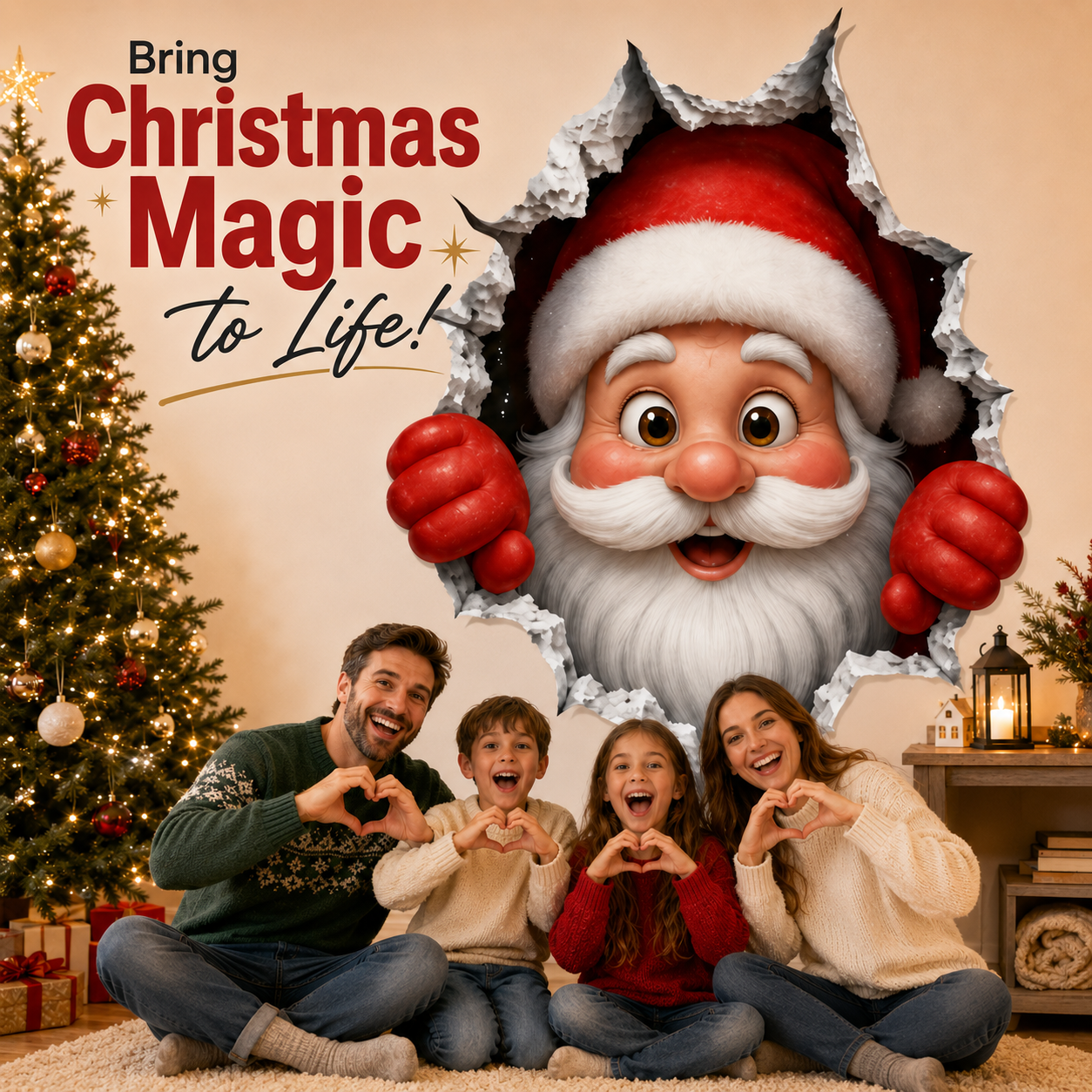 🎅 Bring Christmas Magic Home: 3D Santa Burst Wall Sticker!