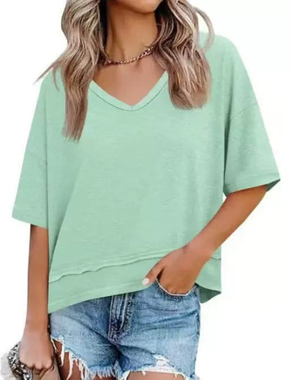 Women Summer V Neck T Shirts Casual Short Sleeve Flowy Tops Cute Loose Fit Basic Tees Summervibes
