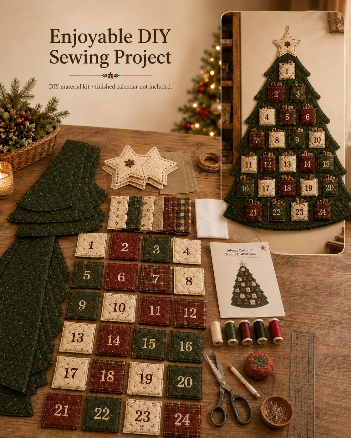 🎄✨DIY 24-Pocket Fabric Christmas Advent Tree Kit