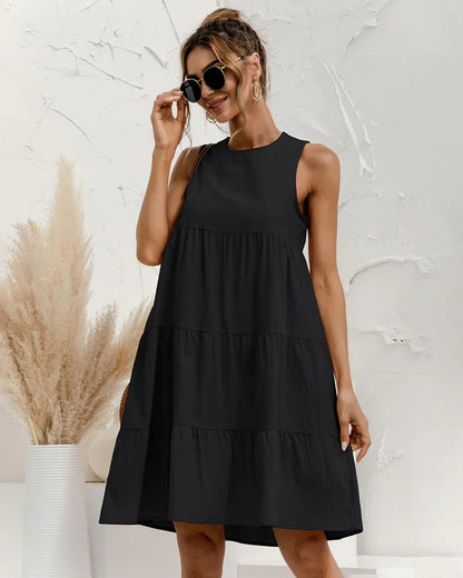 Solid Sleeveless Ruffle Sundress Round Neck A Line Pleated Mini Short T Shirt Dress