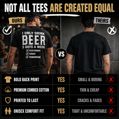 🍺 "I Only Drink Beer 3 Days A Week" Funny Back Print Graphic T-Shirt