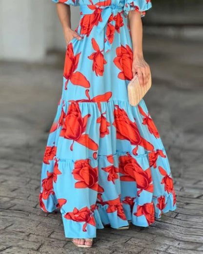 One shoulder puff sleeve printed dress